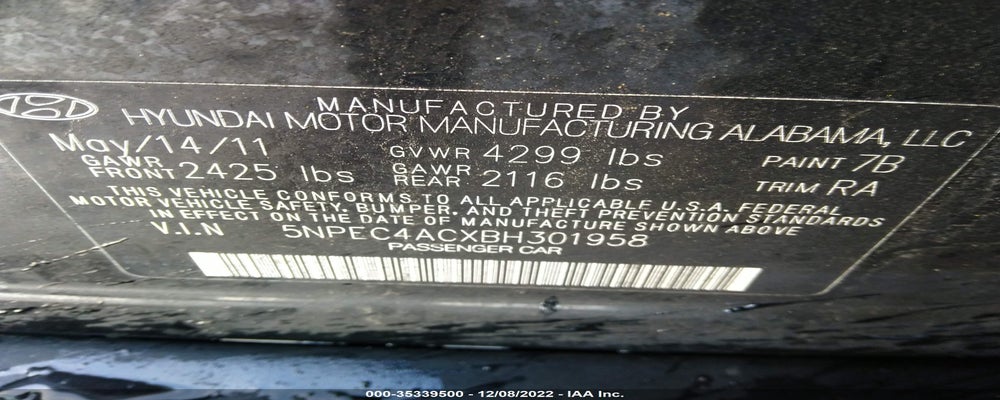 5NPEC4ACXBH301958 2011 HYUNDAI SONATA photo no. 9