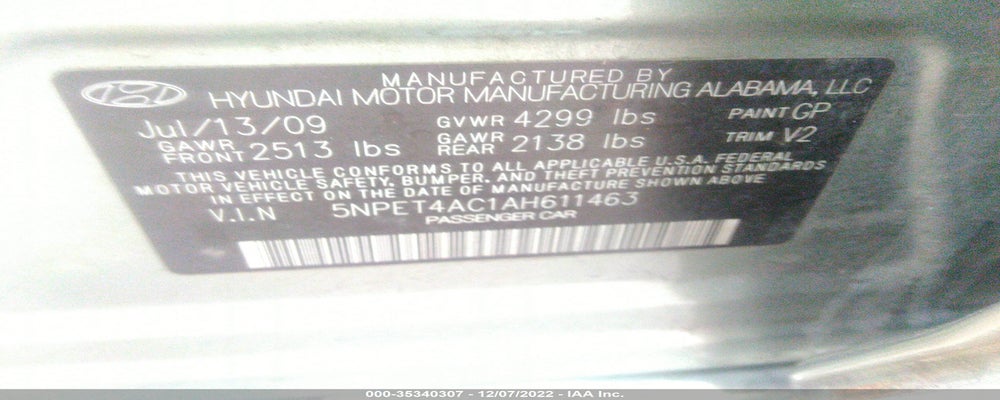 5NPET4AC1AH611463 2010 HYUNDAI SONATA photo no. 9
