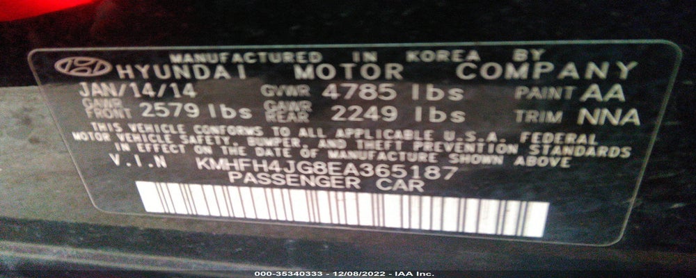 KMHFH4JG8EA365187 2014 HYUNDAI AZERA photo no. 9
