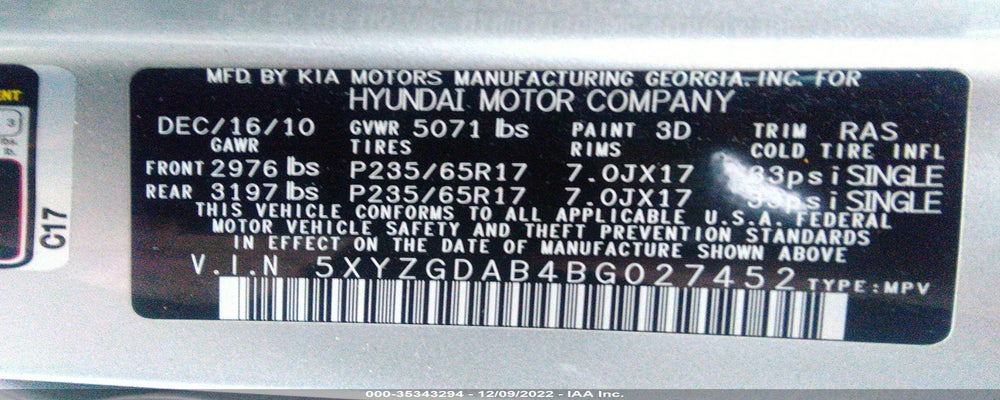 5XYZGDAB4BG027452 2011 HYUNDAI SANTA FE photo no. 9