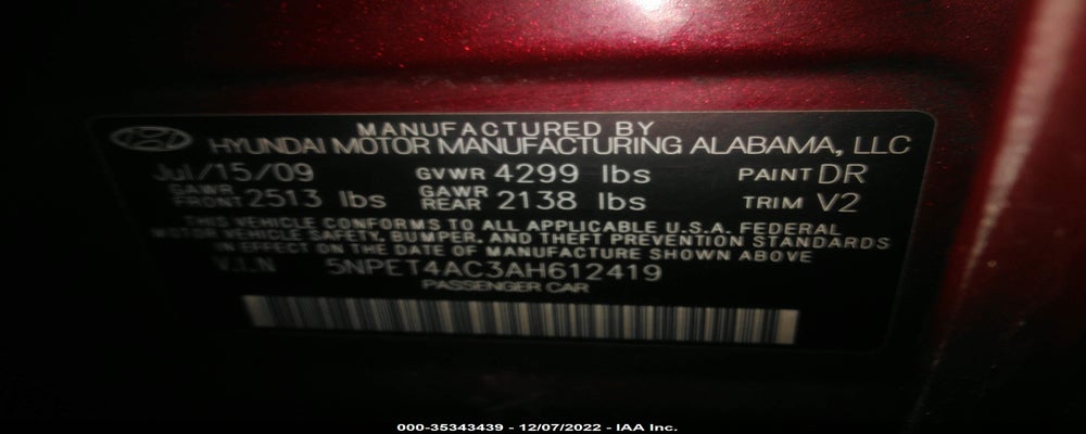 5NPET4AC3AH612419 2010 HYUNDAI SONATA photo no. 9
