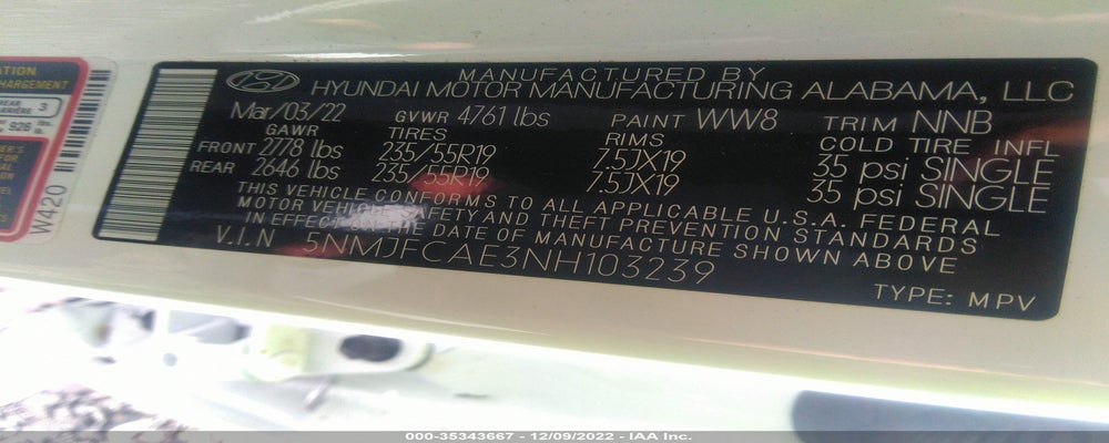 5NMJFCAE3NH103239 2022 HYUNDAI TUCSON photo no. 9