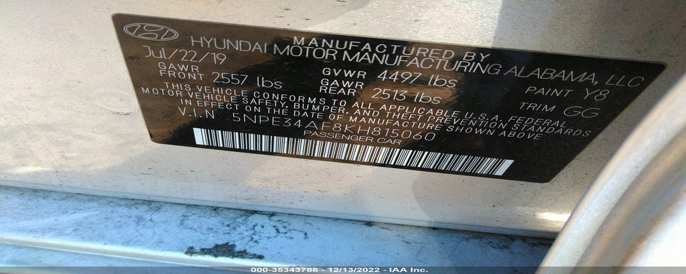 5NPE34AF8KH815060 2019 HYUNDAI SONATA photo no. 9