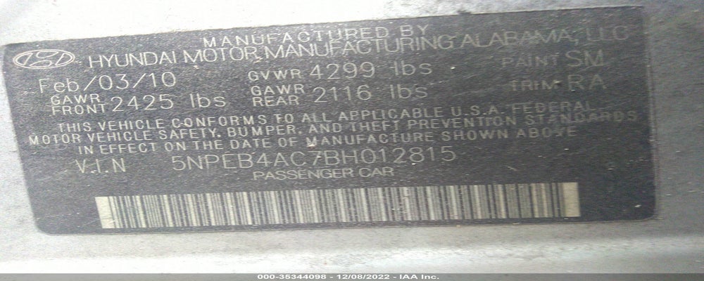 5NPEB4AC7BH012815 2011 HYUNDAI SONATA photo no. 9