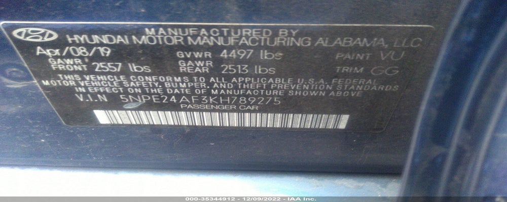 5NPE24AF3KH789275 2019 HYUNDAI SONATA photo no. 9
