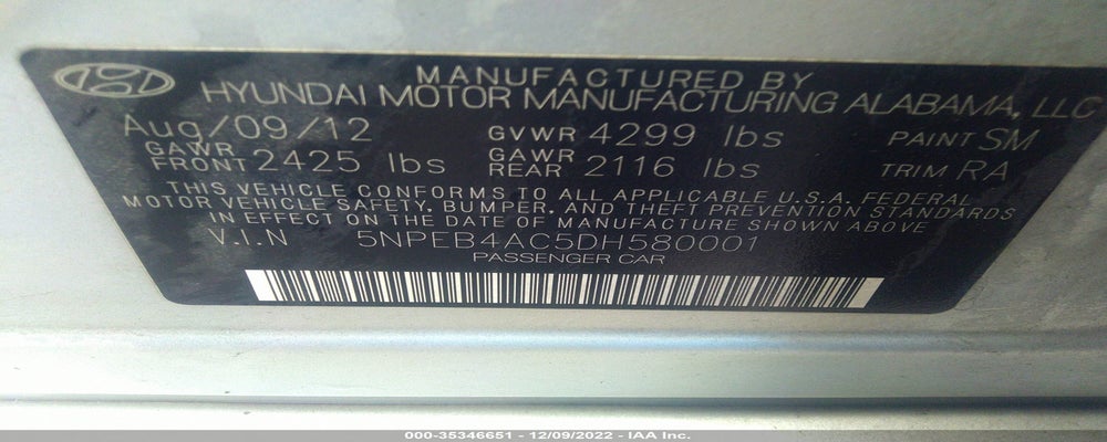 5NPEB4AC5DH580001 2013 HYUNDAI SONATA photo no. 9