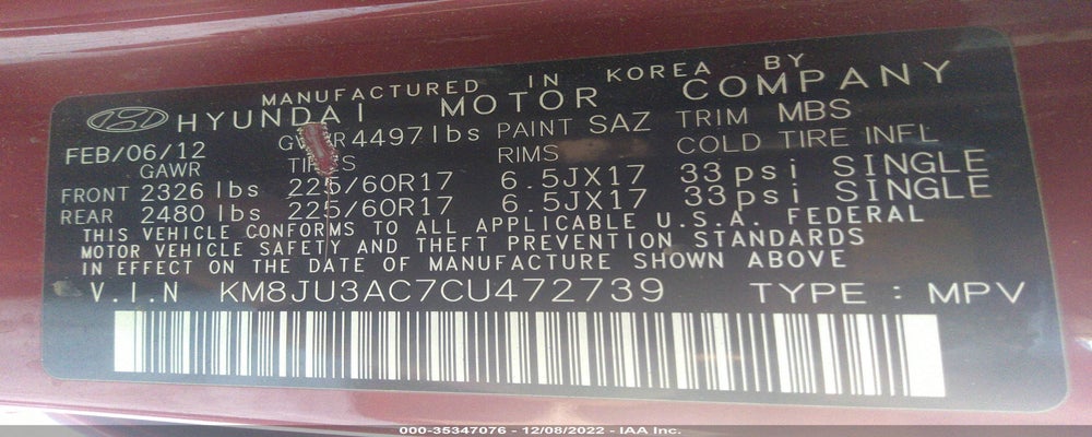 KM8JU3AC7CU472739 2012 HYUNDAI TUCSON photo no. 9