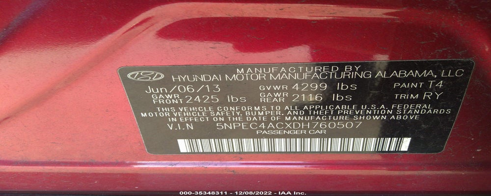 5NPEC4ACXDH760507 2013 HYUNDAI SONATA photo no. 9