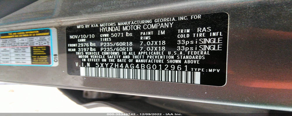5XYZH4AG4BG012961 2011 HYUNDAI SANTA FE photo no. 9