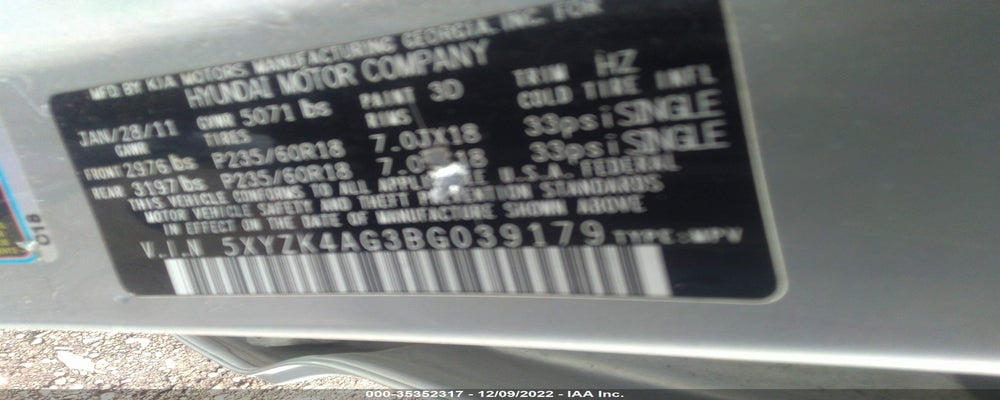 5XYZK4AG3BG039179 2011 HYUNDAI SANTA FE photo no. 9