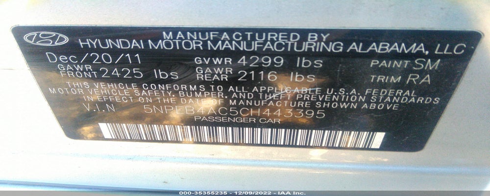 5NPEB4AC5CH443395 2012 HYUNDAI SONATA photo no. 9