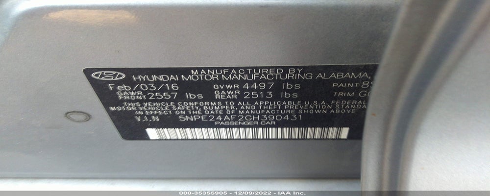 5NPE24AF2GH390431 2016 HYUNDAI SONATA photo no. 9