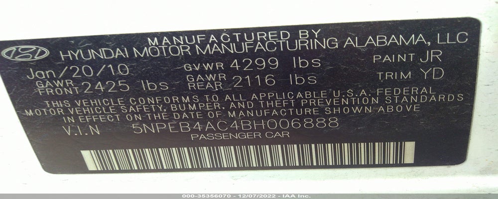 5NPEB4AC4BH006888 2011 HYUNDAI SONATA photo no. 9