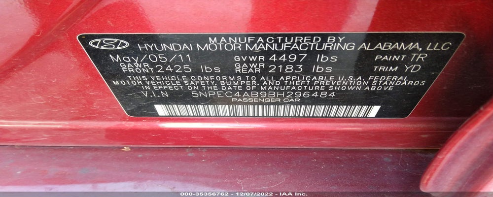 5NPEC4AB9BH296484 2011 HYUNDAI SONATA photo no. 9