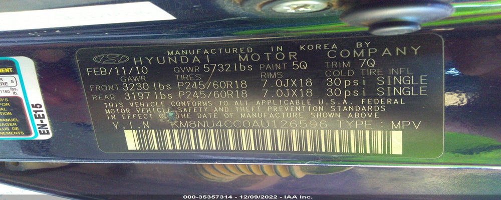 KM8NU4CC0AU126596 2010 HYUNDAI VERACRUZ photo no. 9