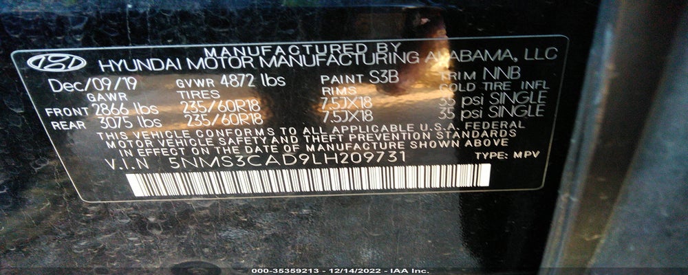 5NMS3CAD9LH209731 2020 HYUNDAI SANTA FE photo no. 9