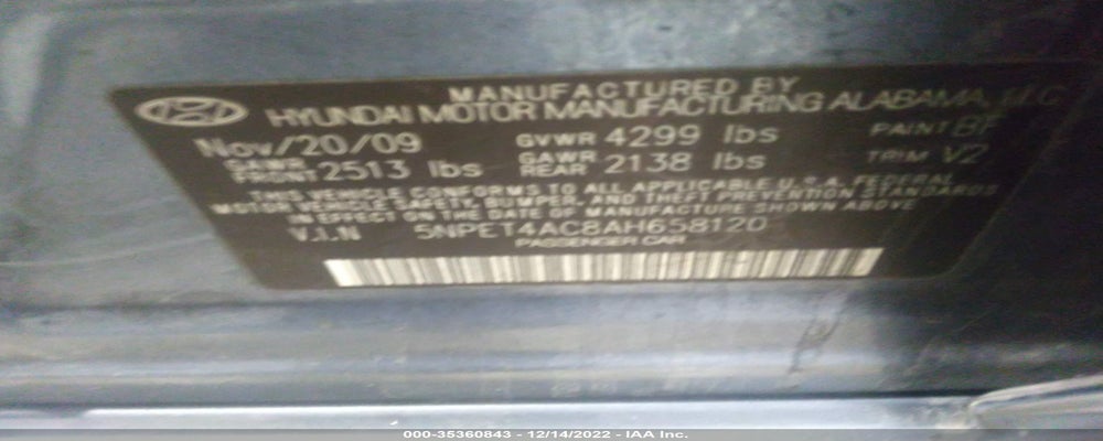 5NPET4AC8AH658120 2010 HYUNDAI SONATA photo no. 9