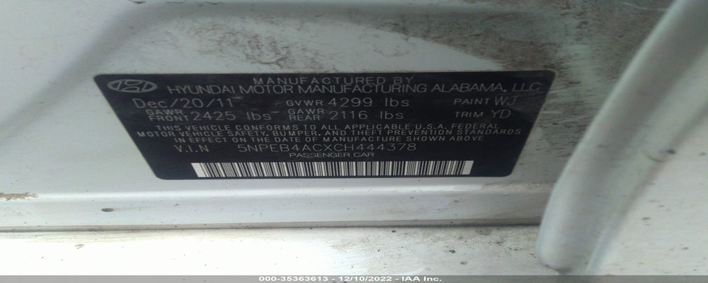 5NPEB4ACXCH444378 2012 HYUNDAI SONATA photo no. 9