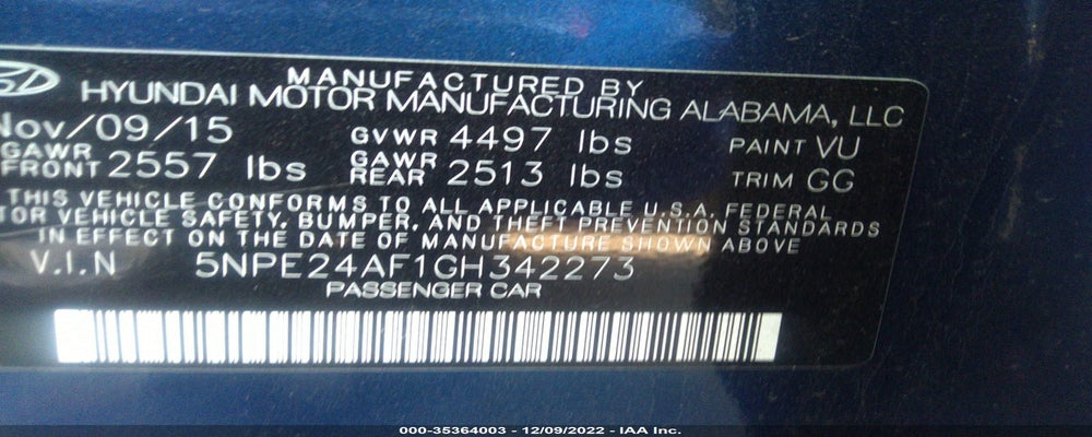 5NPE24AF1GH342273 2016 HYUNDAI SONATA photo no. 9