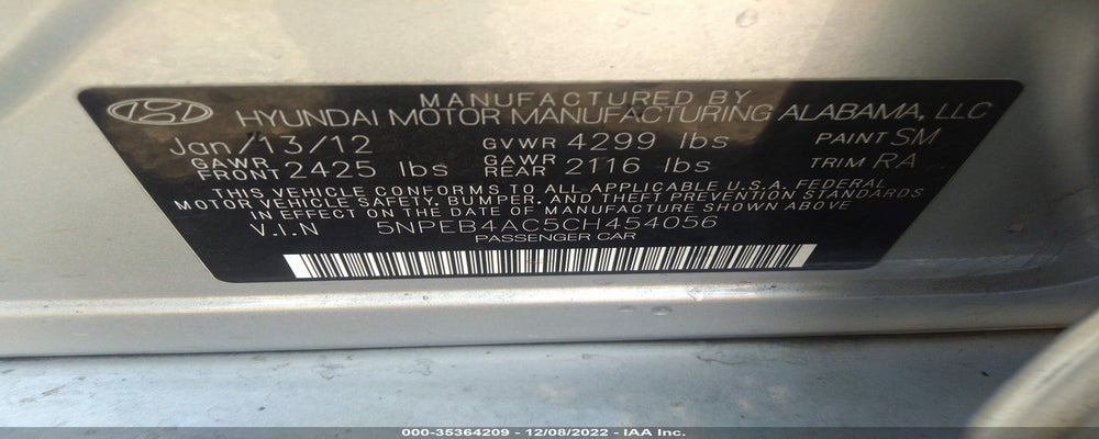 5NPEB4AC5CH454056 2012 HYUNDAI SONATA photo no. 9