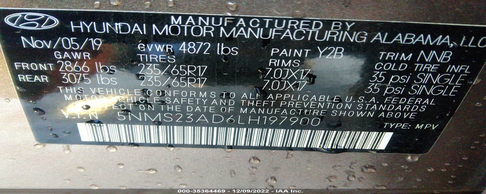 5NMS23AD6LH197900 2020 HYUNDAI SANTA FE photo no. 9