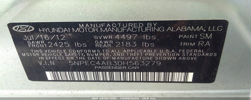 5NPEC4AB3DH563279 2013 HYUNDAI SONATA photo no. 9