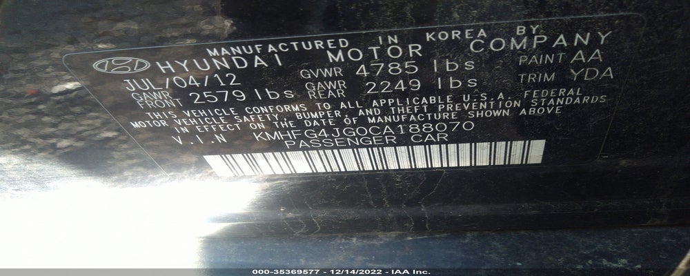 KMHFG4JG0CA188070 2012 HYUNDAI AZERA photo no. 9