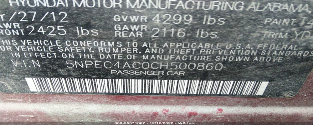 5NPEC4AC0CH500860 2012 HYUNDAI SONATA photo no. 9