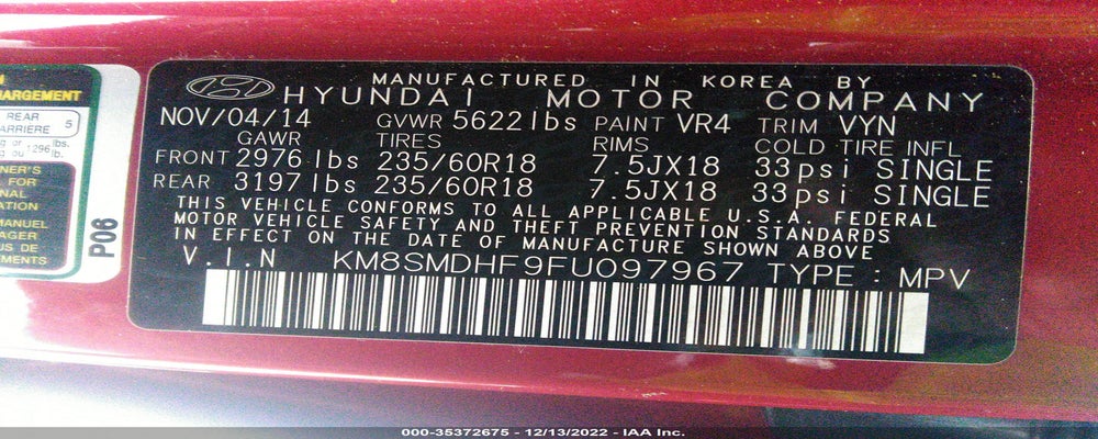 KM8SMDHF9FU097967 2015 HYUNDAI SANTA FE photo no. 9