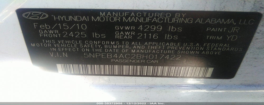 5NPEB4AC2BH017422 2011 HYUNDAI SONATA photo no. 9