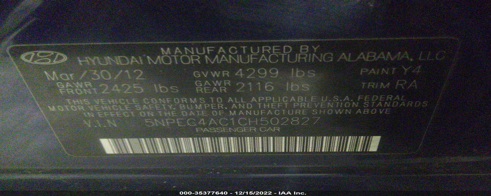5NPEC4AC1CH502827 2012 HYUNDAI SONATA photo no. 9