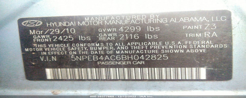 5NPEB4AC6BH042825 2011 HYUNDAI SONATA photo no. 9