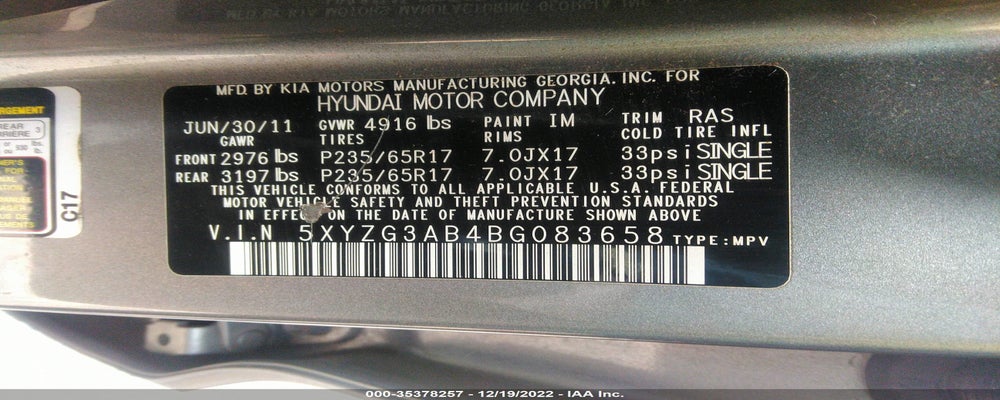 5XYZG3AB4BG083658 2011 HYUNDAI SANTA FE photo no. 9
