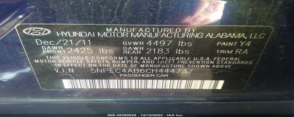 5NPEC4AB6CH444737 2012 HYUNDAI SONATA photo no. 9