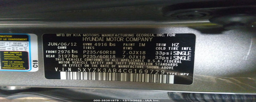 5XYZK3AB4CG169729 2012 HYUNDAI SANTA FE photo no. 9