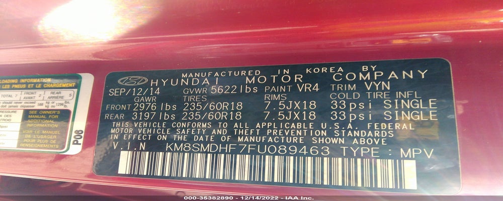 KM8SMDHF7FU089463 2015 HYUNDAI SANTA FE photo no. 9