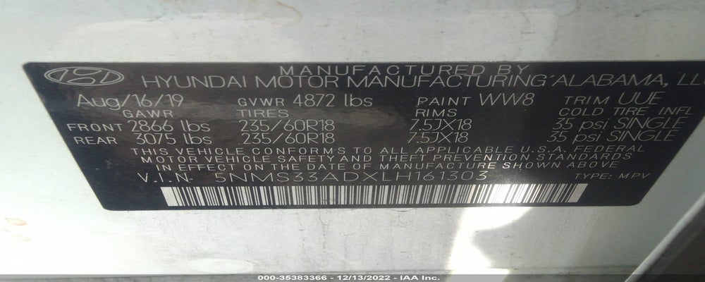 5NMS33ADXLH161303 2020 HYUNDAI SANTA FE photo no. 9