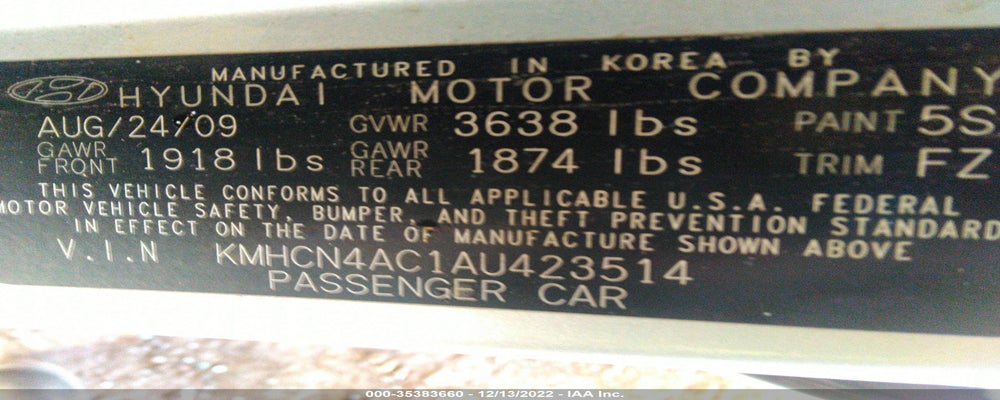 KMHCN4AC1AU423514 2010 HYUNDAI ACCENT photo no. 9