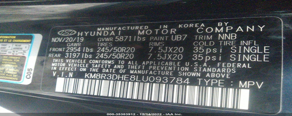 KM8R4DHE1LU103701 2020 HYUNDAI PALISADE photo no. 9