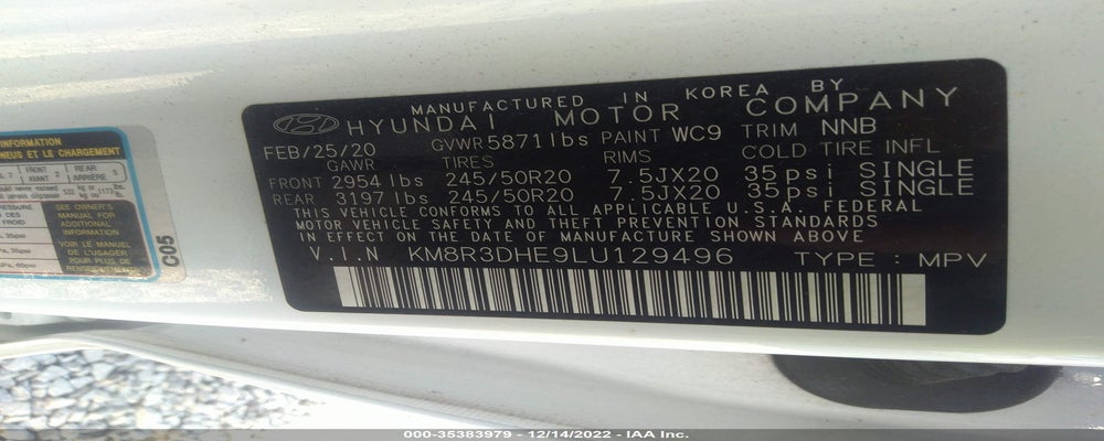 KM8R3DHE9LU129496 2020 HYUNDAI PALISADE photo no. 9
