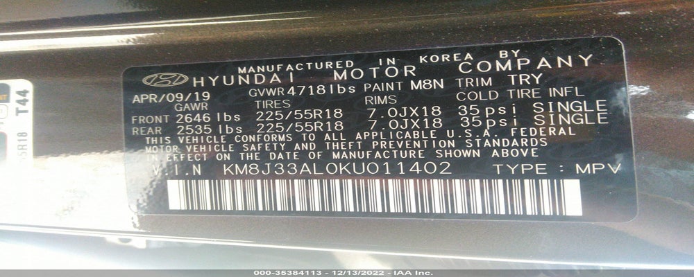 KM8J33AL0KU011402 2019 HYUNDAI TUCSON photo no. 9