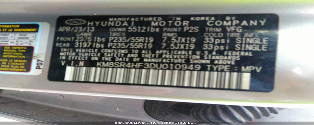 KM8SR4HF3DU010949 2013 HYUNDAI SANTA FE photo no. 9