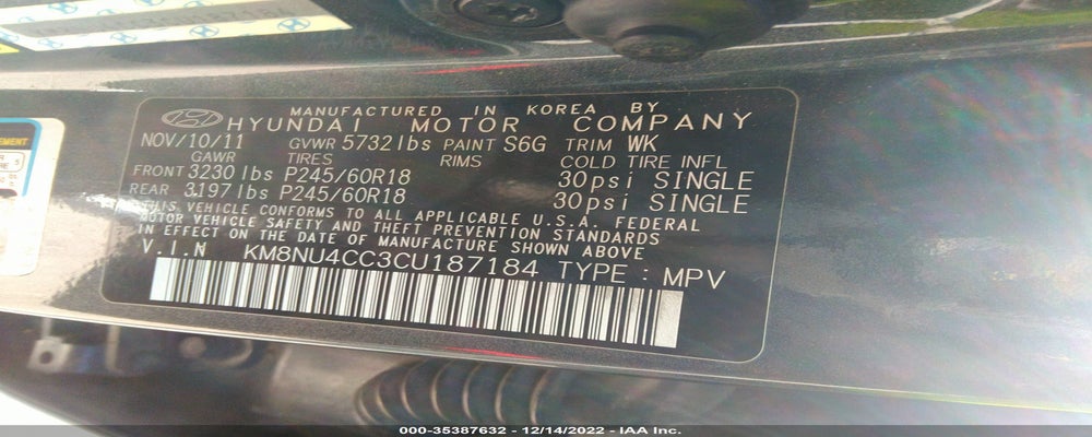 KM8NU4CC3CU187184 2012 HYUNDAI VERACRUZ photo no. 9