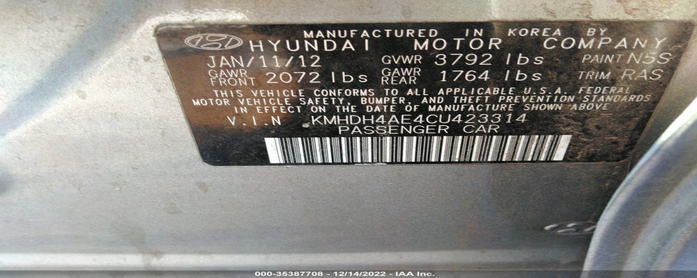 KMHDH4AE4CU423314 2012 HYUNDAI ELANTRA photo no. 9