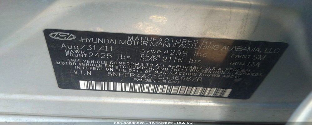 5NPEB4AC1CH366878 2012 HYUNDAI SONATA photo no. 9