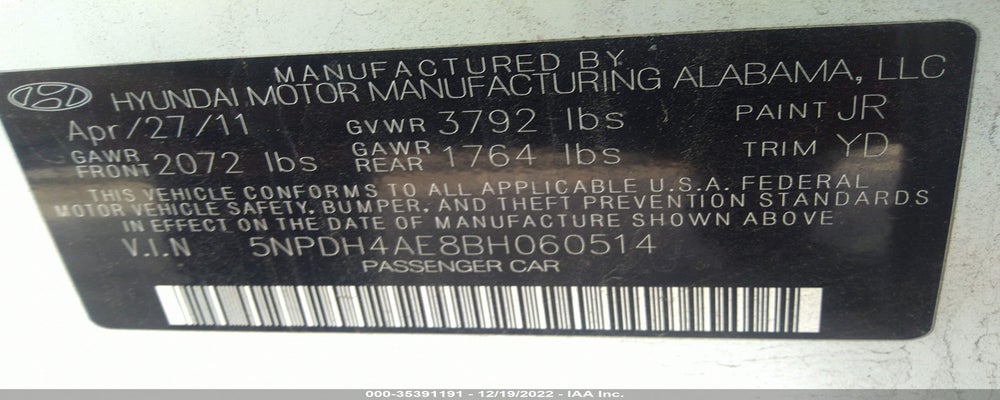 5NPDH4AE8BH060514 2011 HYUNDAI ELANTRA photo no. 9