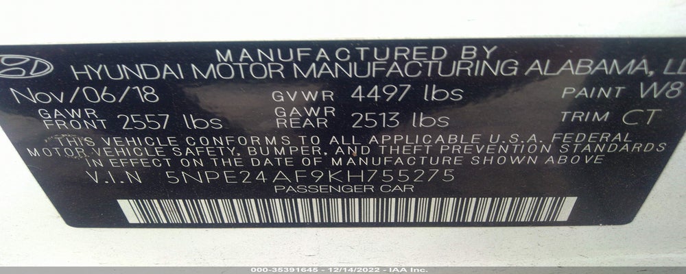 5NPE24AF9KH755275 2019 HYUNDAI SONATA photo no. 9