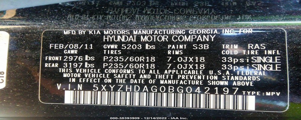 5XYZHDAG0BG042197 2011 HYUNDAI SANTA FE photo no. 9