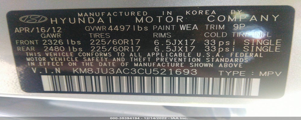 KM8JU3AC3CU521693 2012 HYUNDAI TUCSON photo no. 9