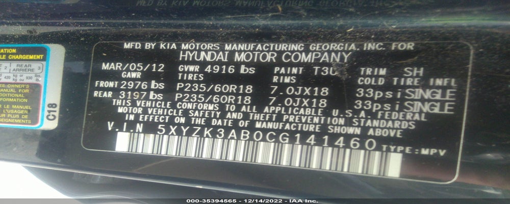 5XYZK3AB0CG141460 2012 HYUNDAI SANTA FE photo no. 9